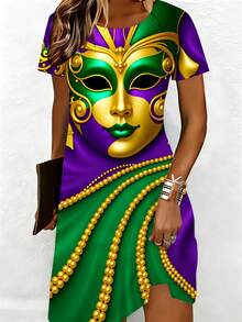 Mardi Gras Mask Print Asymmetrical Dress Women Short Sleeve Casual Party Dress Purple Green Gold Design - 彩色 - 查看 2