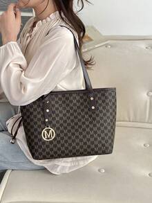 时尚金属字母吊坠装饰，大容量多功能钻石花卉图案手提包，女士休闲单肩包 - 咖啡 - 查看 7