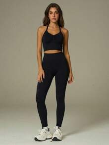 UONNOU Bộ đồ thể thao nữ mùa xuân/hè 2 món gồm áo croptop hai dây và quần legging xếp ly cạp cao. - màu đen - Xem 7