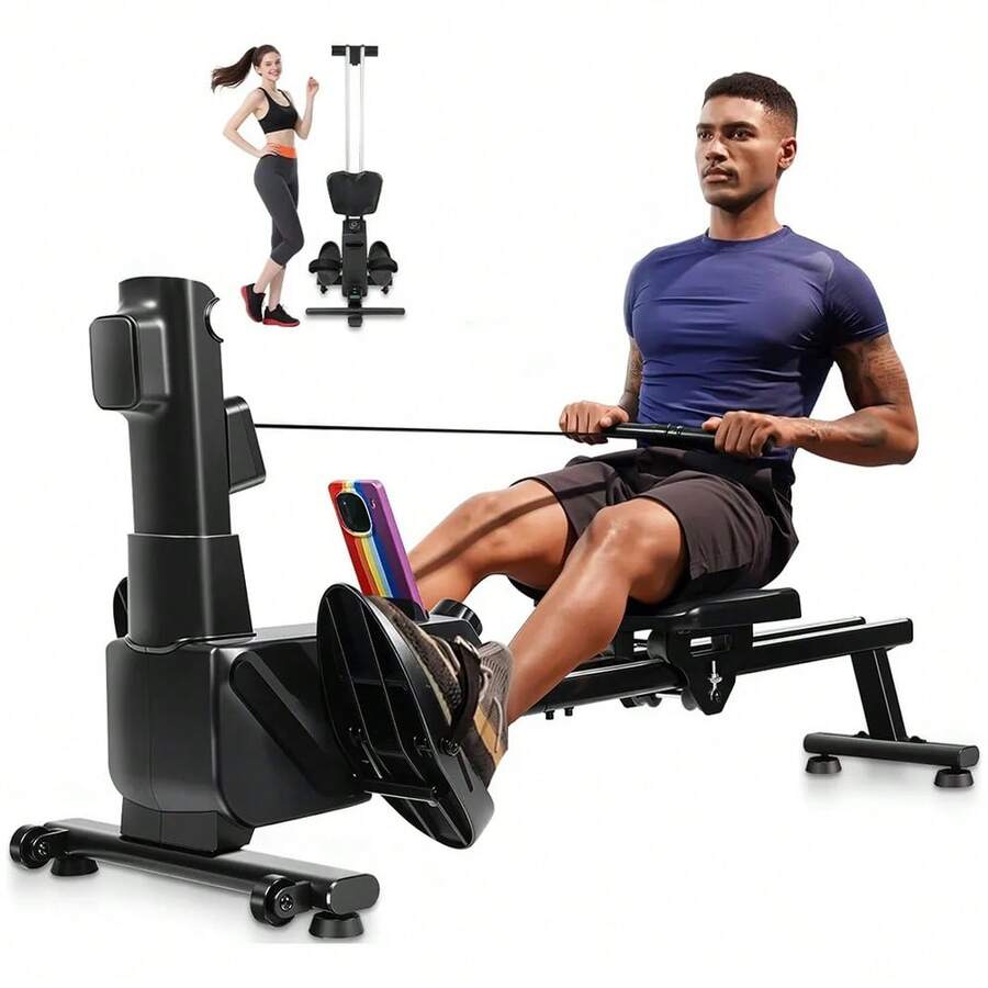 Bakaji Folding Rowing Machine With 8 Resistance Levels And Space-Saving Folding And Moving System With Ergonomic Wheels, Silent Rowing Machine For Home Gym Fitness For Cardio - Black - View 1
