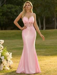 Elegant Women's Pink Satin Maxi Dress With Slit Hem, Suitable For Party Wear Wedding - Pink - View 5