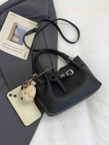 1pc Women's Solid Color Bucket Bag, Fashionable Retro PU Twist Lock Handbag With Cherry Pendant, Suitable For Commuting, Shopping, And Gift - Black - View 4