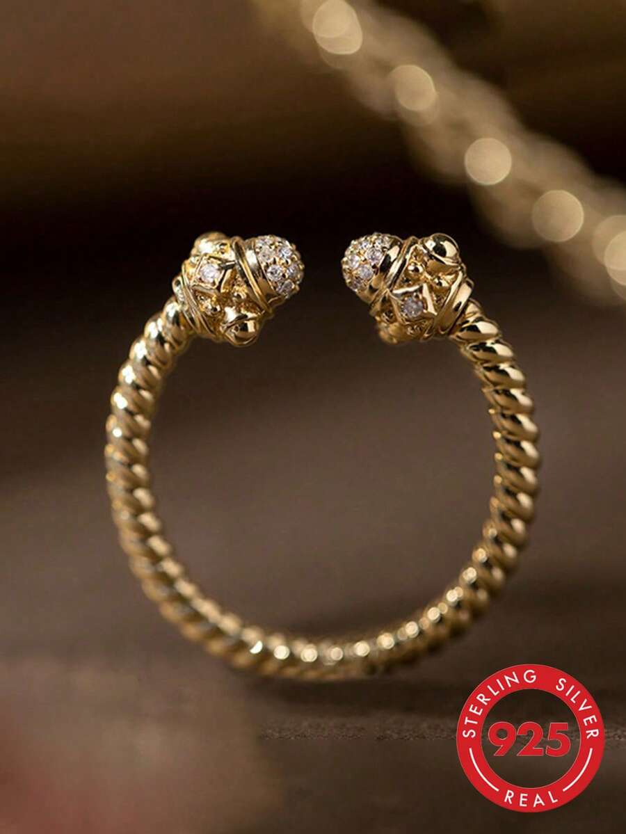 BALMORA 1 pieza Anillo único de plata de ley S925 con giro de oro y circonita, ajustable, adecuado para niñas/mujeres/novias/madres, regalo vintage para fiesta, cita, uso diario o cumpleaños - Dorado - Ver 1