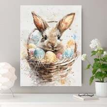 Póster de acuarela de primavera 2D plano con marco de madera y lienzo, conejito de Pascua vintage enmarcado asomándose de una cesta de mimbre con huevos de lunares, adecuado para decoración de dormitorio, regalo rústico moderno de festividades de primavera para decoración de dormitorio, sala de estar y oficina - Enmarcado - Ver 3