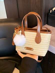 Túi xách nữ phong cách Boho giả rơm đan, túi đeo chéo mini có quai xách phía trên và tua rua, túi đi biển mùa hè tiện dụng hàng ngày. - màu nâu - Xem 6