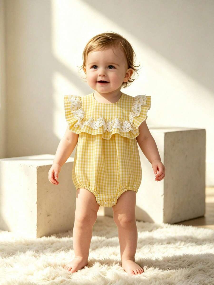 1pc Baby Girls' Summer Fashion Cute Ruffle Lace Romper, Woven Soft & Comfortable, Ruffle Sleeves, Button Back Closure, Suitable For Holidays, Parties, And Daily Wear - Yellow - View 1