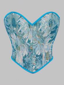 1 buc. Top corset jacquard inspirat din pictură, corset cu model os de pește, vintage francez, potrivit pentru întâlniri de seară de lux, vacanțe de vară - Albastru - Vizualizare 14