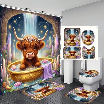 Bộ 1/4 món rèm tắm trang trí phòng tắm đa năng họa tiết bò cao nguyên và bể cá, kèm 12 móc treo miễn phí, tạo không gian nghỉ dưỡng trang nhã, thảm phòng tắm, thảm chữ U và thảm tròn cho bồn cầu, phù hợp với mọi không gian phòng tắm.