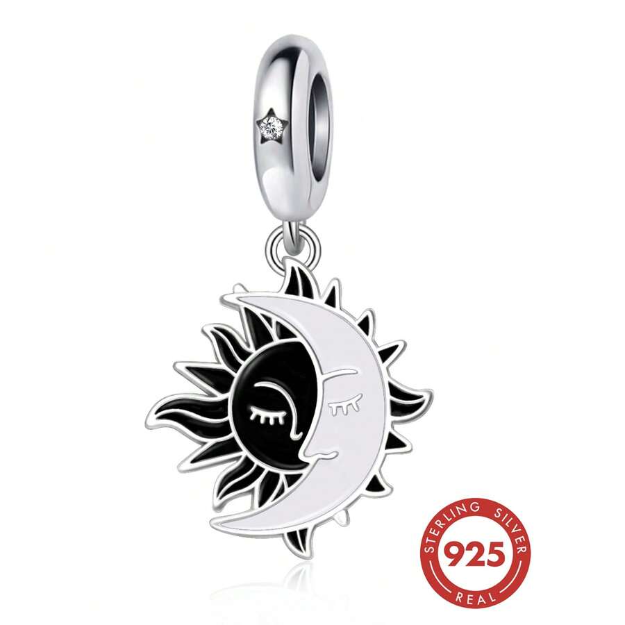 HuooNew 1pc 925 Sterling Silver Sun & Moon Pendant, Celestial Sun & Moon Face Dangle Bead, Unisex DIY Jewelry Gift - Silver - View 1