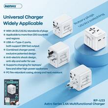 REMAX Aerospace 2.4A Multi-Functional Travel Adapter, Mobile Phone And Laptop Charger, Features A Robust And High-Temperature Resistant PC Fire-Retardant Shell, USB-A And Type-C Interfaces, Both Supporting 12W Charging, And Integrates UK/EU/US/Australian Plugs. - White - View 4