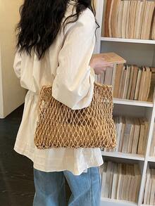 Solid Color Woven Tote Bag, Suitable For Vacation, Travel, Shopping, Commuting - Khaki - View 5