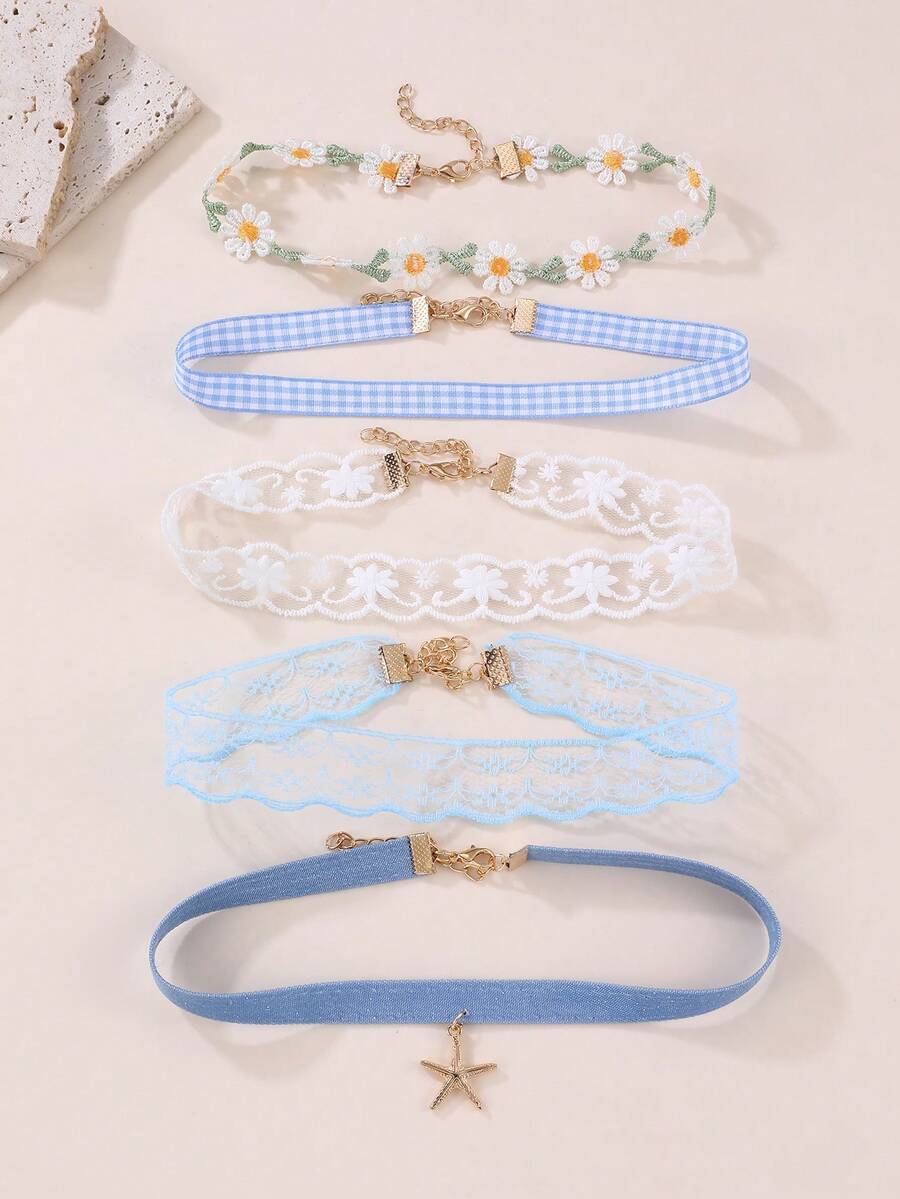 5pcs/Set Girls' Water-Soluble Satin Ribbon Starfish & Flower Necklace Set - Baby Blue - View 1