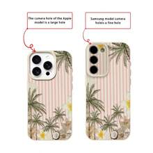 1pc TPU Material Pink Striped Coconut Tree & Floral Pattern Phone Case Suitable For IPhone 17 Pro Max/17/16 Pro Max/15/13/12/11, S20 FE/A15/S24/A55, Note 11/12/13 Pro, Full Coverage Anti-Drop Soft Protective Cover - White - View 7