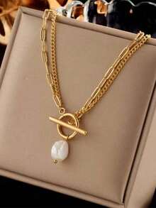 1pc Gold Stainless Steel Jewelry Plated OT Clasp Pearl Pendant Double Layer Necklace, Personalized Creative Ins French Elegant Retro Korean Fashion Casual Minimalist Versatile Gift For Women, Daily, Commute, Street, Party, Festival - 黃金 - 查看 2