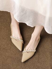 Women's Flat Slip-On Shoes, New Fashion Outdoor Flat Shoes With Inner Height Increase, Pointed Toe, Pearl & Rhinestone Decor, Ballerina Shoes, Solid Color, Soft Bottom, Soft Leather Loafers, French Style Low Vamp Slip-On Loafers, Comfortable Flat Shoes - Khaki - View 3