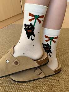 4双舒适可爱的猫咪中筒袜，适合秋冬季穿着 - 彩色 - 查看 4