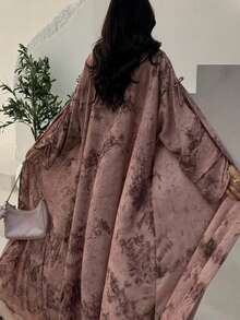 1 pieza Elegante bata abaya con estampado de batik, con detalle de puño con lazo, estilo casual y dividido, moda de Dubai y Arabia Saudita, adecuado para uso diario y reuniones, sin pañuelo de cabeza, primavera - Rojo - Ver 3