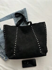 1pc New Black Fashion Women's Handbag, Solid Color Suede Patchwork Large Capacity Rivet Shoulder Bag, Minimalist Chic Versatile Elegant Tote - Black - View 7