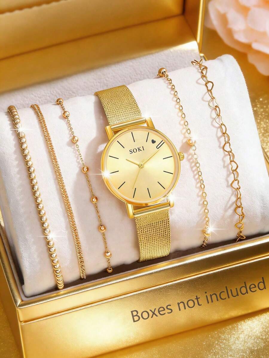 SOKI SOKI 一套女士时尚休闲圆形石英表和简约链条手链套装，适合日常佩戴、生日礼物、派对、节日聚会，是送给自己或朋友的理想礼物。不含包装盒。 - 金色 - 查看 1