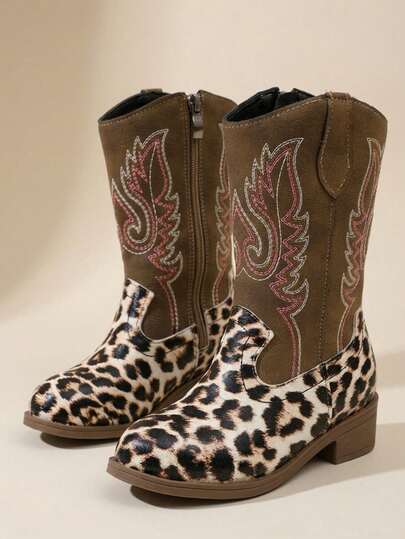 EUR26-36 Fashionable Kids Mid-Calf Cowboy Boots – Leopard Print & Brown Embroidery Hybrid Design