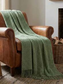 1pc Light Blue Diamond Plaid Knitted Blanket, Nordic Casual Style Tasseled Rectangular Throw Blanket For Sofa, Office Nap, Everyday Use - Bubble Towel Olive Green - View 3