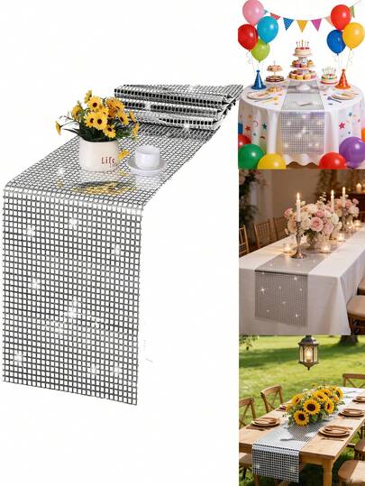 1pc Silver Rhinestone Table Runner, Shiny Sequin Mesh Disco Table Cloth, Silver Foil Table Runner, Sparkling Party Decor