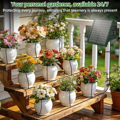 太阳能自动花园灌溉系统：最新滴灌套件，专为盆栽植物设计；支持阳台、花坛和温室的自动浇水系统。