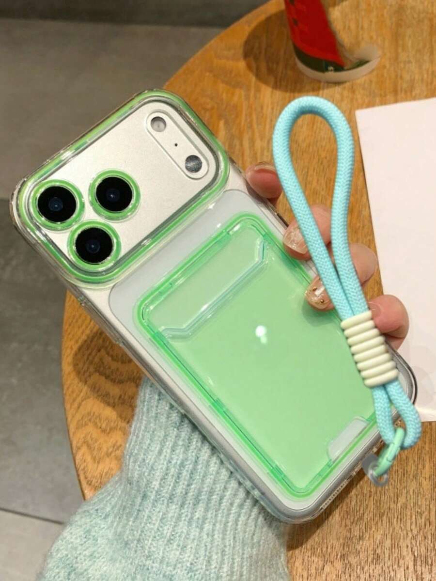 钥匙扣挂绳 1 件装 可爱糖果色透明卡槽手机壳，带短挂绳，适用于 17 Pro Max Air 16 15 14 13 12 11 Pro Max TPU 后盖 - 螢光綠 - 查看 1
