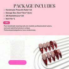 Red Rhinestone French Tip Fake Nails Long Handmade Press On Nails Almond False Nails With 3D Designs Luxury Glue On Nail Full Cover Stick On Nail For Women Manicure 10Pcs (Size M) - 樣式04 - 查看 4