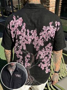 FRACTYR Men's Summer Casual Street Sakura Tree All-Over Print Short Sleeve Shirt, Reversible Graphic Design, Loose Fit, New Chinese Style, Breathable & Skin-Friendly Casual Shirt - Black - View 2