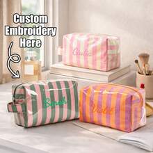 Bolsa de maquillaje a rayas personalizada con asa, organizador de cosméticos de gran capacidad, bolsa de almacenamiento de artículos de tocador, bolsa de viaje con cierre de cremallera, para uso diario, regalo de cumpleaños - Multicolor - Ver 1