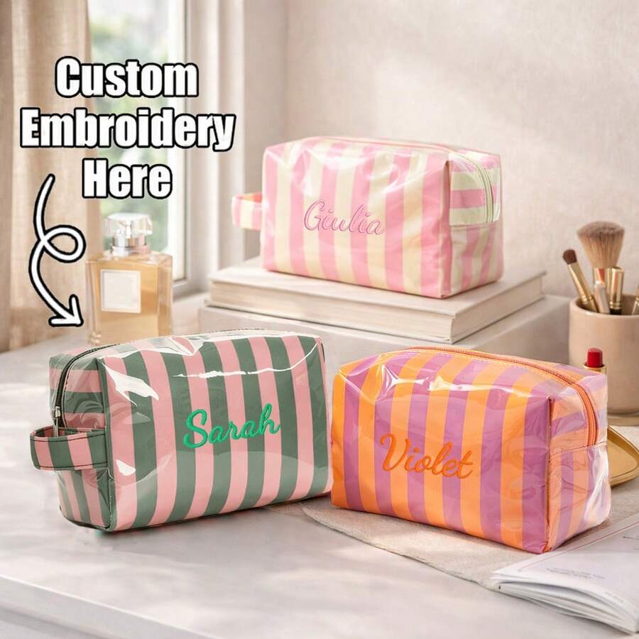 Bolsa de maquillaje a rayas personalizada con asa, organizador de cosméticos de gran capacidad, bolsa de almacenamiento de artículos de tocador, bolsa de viaje con cierre de cremallera, para uso diario, regalo de cumpleaños - Multicolor - Ver 1
