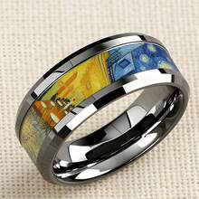 8mm Beveled Stainless Steel Ring, Inlaid With Artwork Inspired By Van Gogh's "Starry Night Over The Cafe Terrace", Artistic Style, Comfortable Fit, Suitable For Men And Women, Ideal Gift For Art Lovers, Weddings And Anniversary - Multicolor - View 3