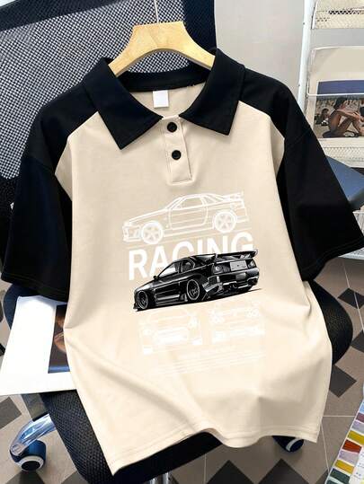 男童休闲Polo衫，简约设计，饰以趣味赛车和字母印花，短袖，适合春夏新款童装