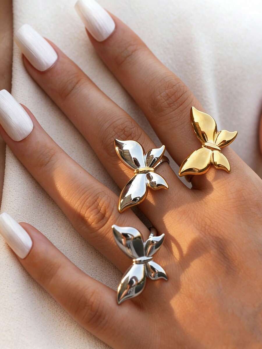 3pcs/1pc Exquisite Stainless Steel Butterfly Rings, 18K PVD Coated Waterproof High-Quality Metal Fashion Rings, Women's Jewelry, Women's Rings
