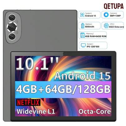 Qetupa Android 15 平板电脑，10.1 英寸屏幕，八核处理器，高清 IPS 屏幕，12GB 运行内存 + 128GB 机身存储，支持 1TB 存储扩展，双频 WiFi，蓝牙 5.0，18W 快充，长效电池，黑色