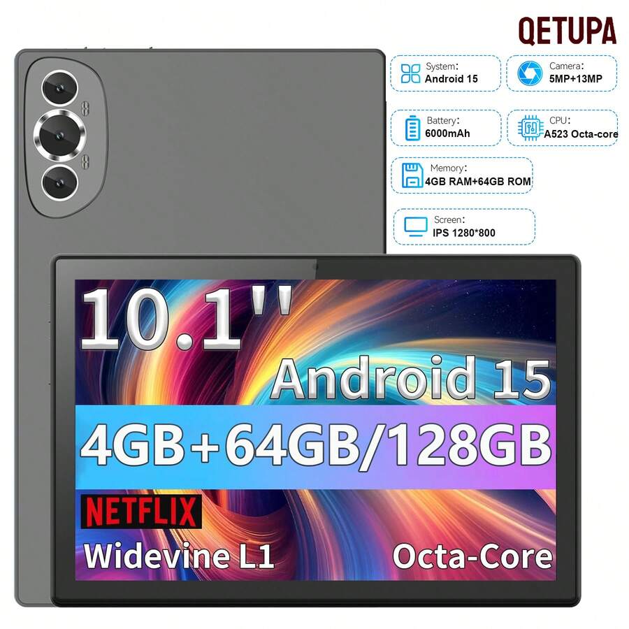 Qetupa Android 15 平板電腦 10.1 吋 A523 八核心 2.0GHz 處理器 1280*800 HD IPS 螢幕 4GB RAM+64GB/128GB ROM 支援 1TB 擴充 雙頻 802.11ac WiFi5 2.4G+5G BT 5.0 6000mAh 長效電池 - 灰色 - 查看 1