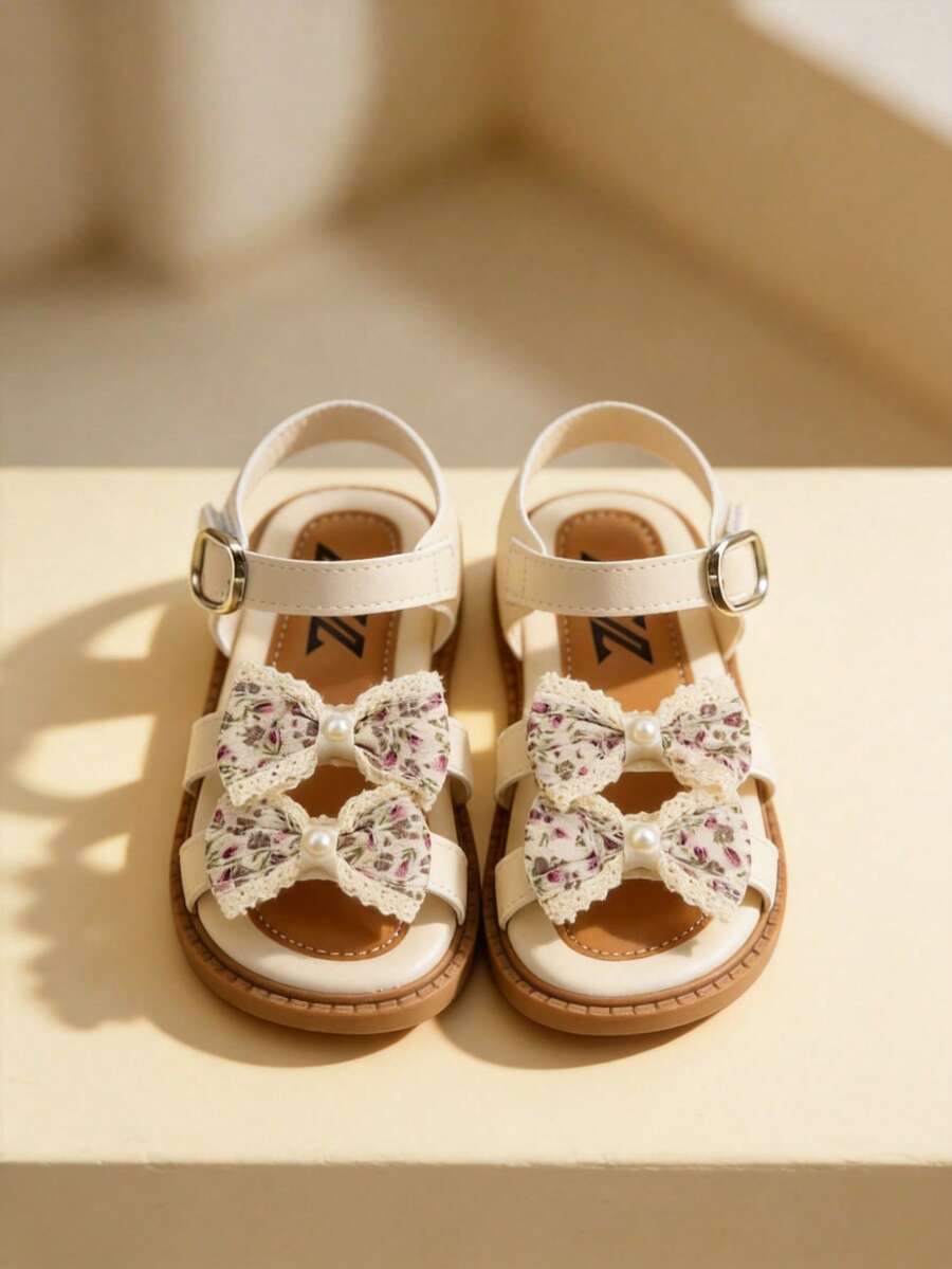 3-12 Years Old Girls Adjustable White Flower Bow Pearl Lace Hook And Loop Flat Sandals - Beige - View 1
