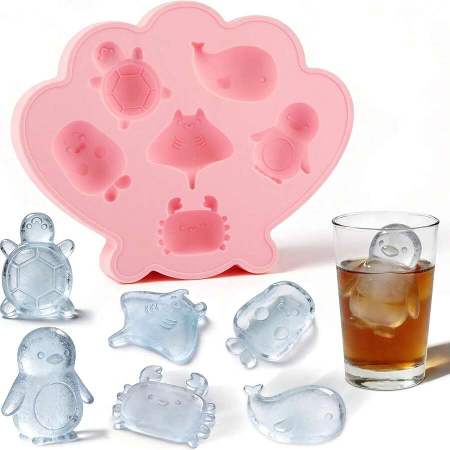 Forma de silicone com 6 cavidades em formato de desenho animado de vida marinha, fácil de limpar, perfeita para decorar bebidas no verão e também para assar. - Baby Rosa - Ver 1