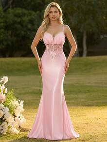 Elegant Women's Pink Satin Maxi Dress With Slit Hem, Suitable For Party Wear Wedding - Pink - View 1