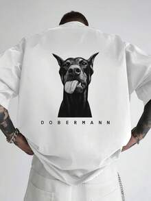 Camiseta gráfica para hombre, estampado de Doberman, estilo urbano, cómoda, transpirable, informal, corte holgado, hombros caídos, camiseta para el Día del Padre o graduación, camiseta para hombre - Blanco - Ver 9