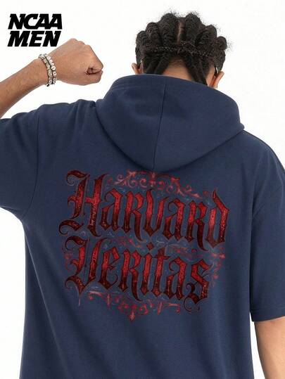 Men's Spring Letter Print Hooded T-Shirt T-Shirt Top, Short Sleeve, Couple Matching, Suitable For Spring, Summer & Autumn