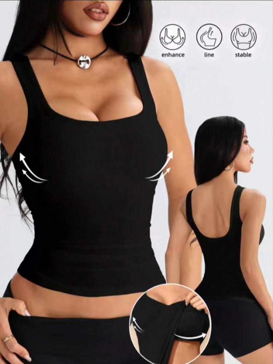 1 pièce Débardeur sans couture en tricot, effet levage des fesses, doux et extensible, 2-en-1 avec bretelles matelassées intégrées, noir, polyvalent et décontracté pour le printemps/l'été/l'automne/l'hiver