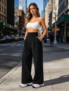 Casual Versatile Solid Color High Waist Straight Leg Outdoor Pants Sports - Black - View 7