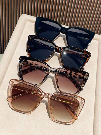 4 piezas Gafas de moda con montura de ojo de gato estilo europeo y americano, adecuadas para fotografía, conducción, playa de verano, actividades al aire libre y viajes. Montura cuadrada grande y casual, adecuada para atuendos y la temporada de regreso a clases.