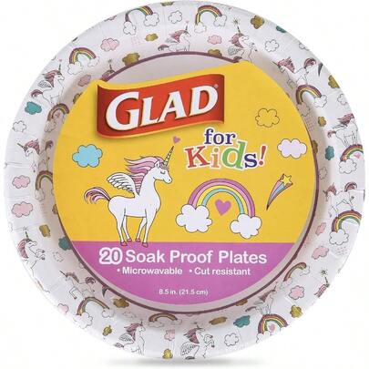 Glad Kids Theme Kids Plates, Heavy-Duty Round Disposable Paper Plates With Soak-Proof Coating, Microwave  Snacks Meals, Cute Print, 8.5 Inch, 20 Count