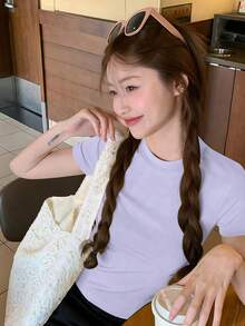 紫色常规肩部短袖T恤，女士夏季圆领修身时尚美式性感休闲上衣 - 紫色 - 查看 7