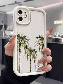 Étui de téléphone personnalisé avec palmier, coque de protection personnalisée avec lettres, style tropical d'été antichoc. Étui de téléphone esthétique quotidien, convient aux amateurs de plage. Étui de protection de téléphone personnalisé pour vacances, compatible avec iPhone 11/12/13/14/15/16 Pro Max - Blanc - Voir 2