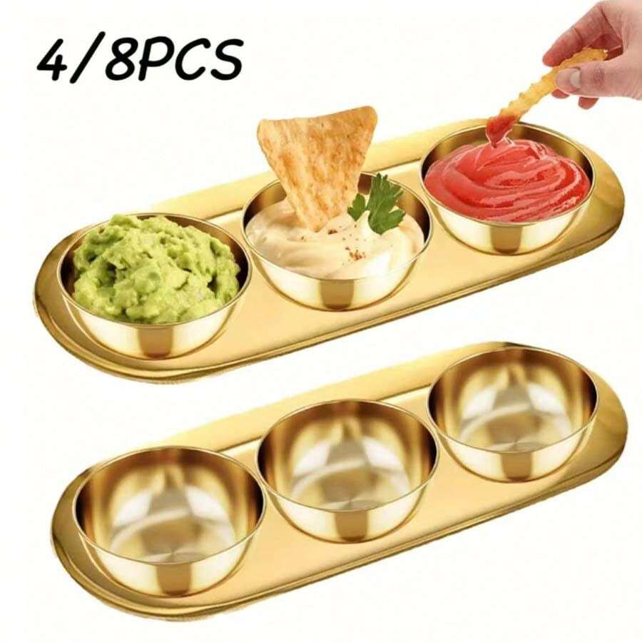 4/8件套豪华金色酱汁碗碟套装，高品质不锈钢调味碟和甜点盘，优雅餐具，适合圣诞节/新年/婚礼/母亲节/派对等场合 - 彩色 - 查看 1