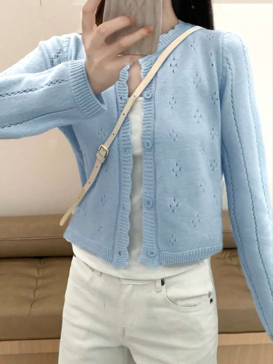 春季轻盈镂空针织开衫，百搭休闲通勤女式上衣，随机裁剪 - 藍色 - 查看 1